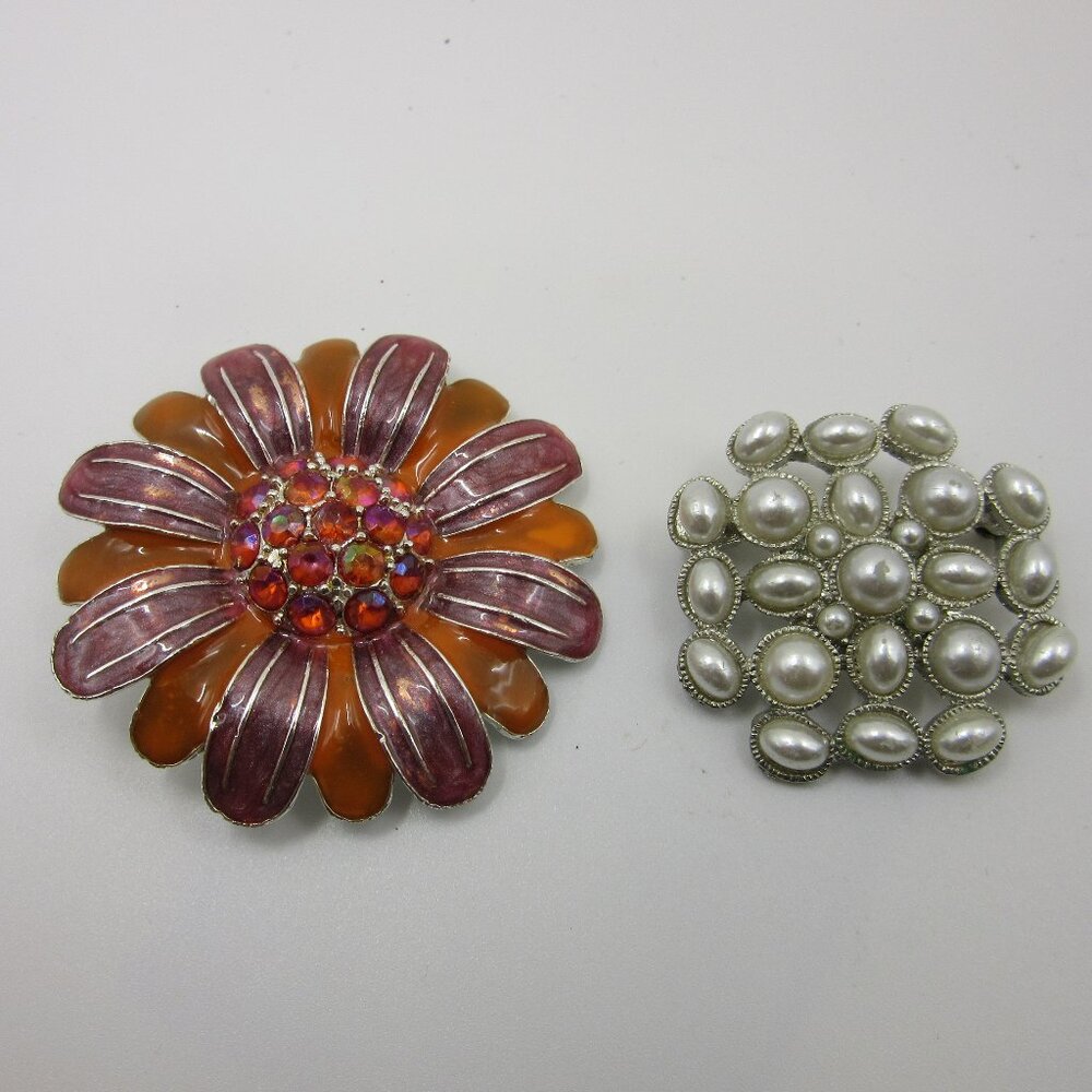Lot of 2 Vintage Brooches Pearl Floral Rhinestones and Enamel Orange Pink